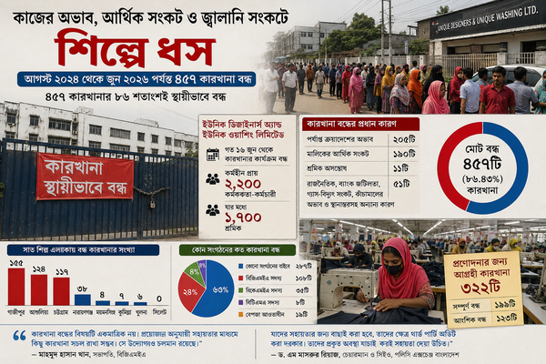কাজের অভাব, আর্থিক সংকট ও জ্বালানি সংকটে শিল্পে ধস, আগস্ট ২০২৪ থেকে জুন ২০২৬ পর্যন্ত ৪৫৭ কারখানা বন্ধ, কর্মহীন হাজারো শ্রমিক